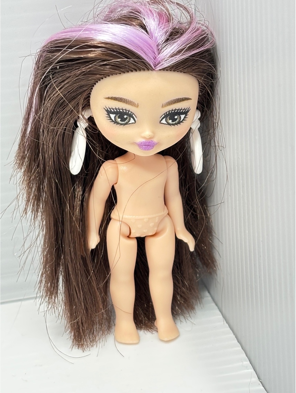 Miniature Fashion Doll with Long Brown Hair and Purple Highlights, White Hoop